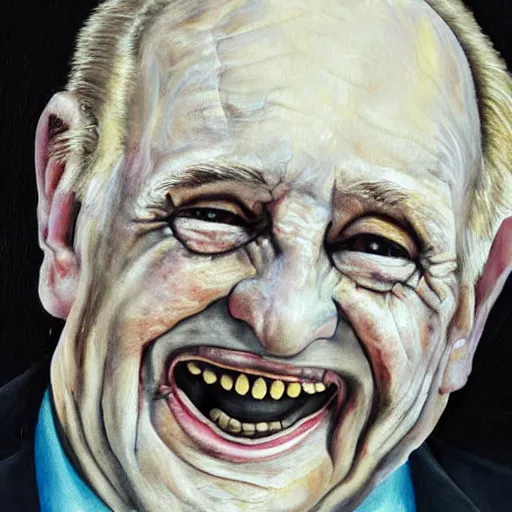 Image similar to an unsettling painting of a smiling old man in pain