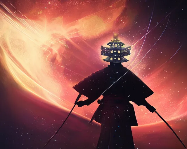 Image similar to a graceful samurai made of a illuminated star chart running through a space nebula by greg rutkowski, high key lighting, volumetric light, digital art, highly detailed, fine detail, intricate, ornate, complex, octane render, unreal engine, photorealistic