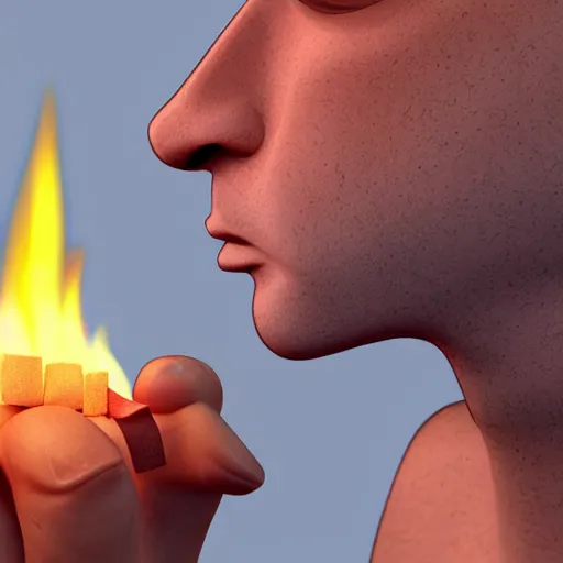 Prompt: a 3d cartoon of a man tasting a bandaid on fire