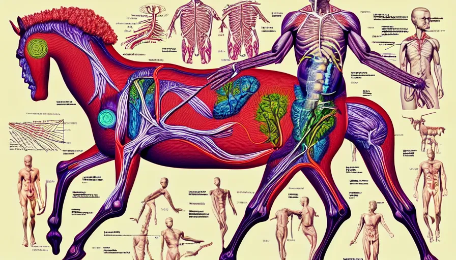 Image similar to psychedelic anatomically accurate labeled medical diagram of centaur, intricate parts, fine details, hyper realistic, elegant minimalism, by seichen, surreal