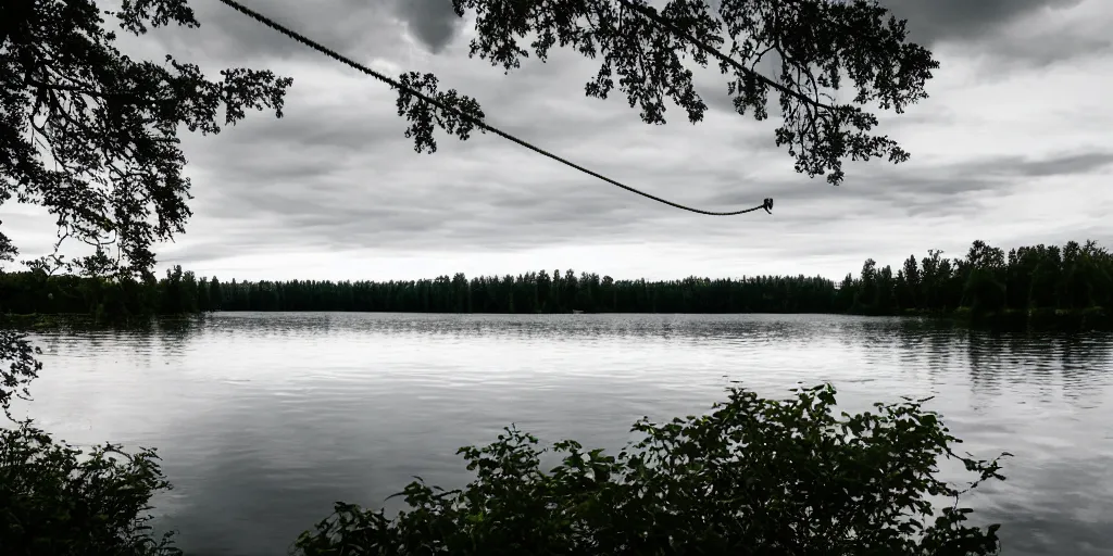 Image similar to centered colored photograph of a long rope snaking across the surface of the water, stretching out towards the center of the lake, a dark lake on a cloudy day, trees in the background, anamorphic lens