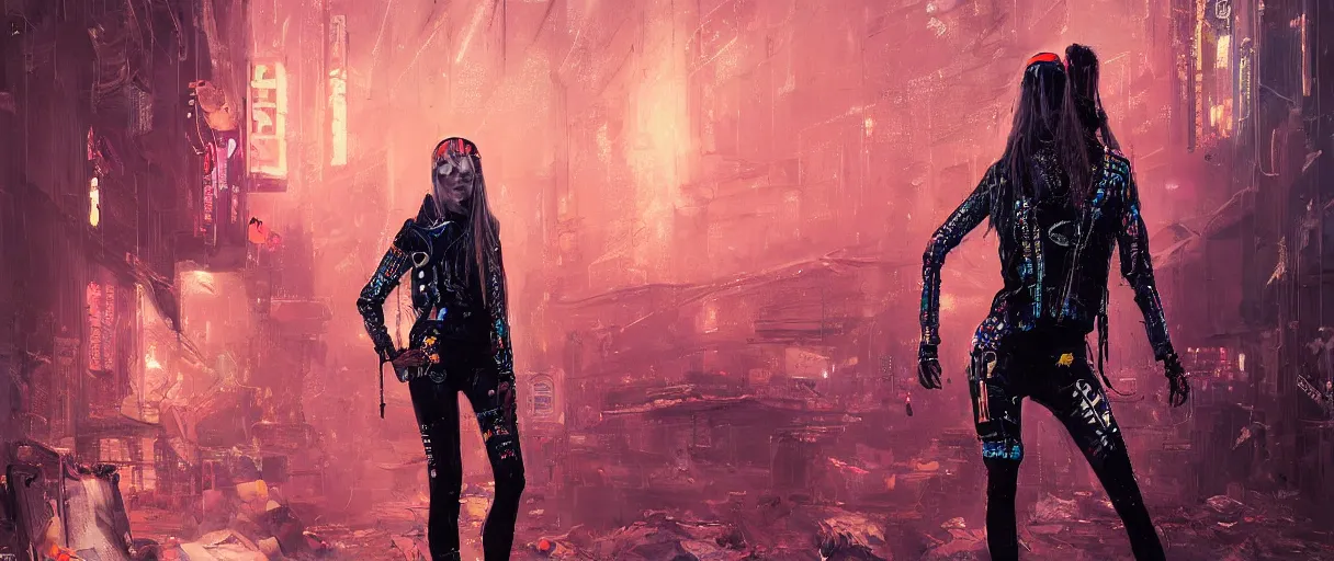 Image similar to detailed portrait neon guard girl with long straight blonde hair seen from the back, cyberpunk futuristic, reflective puffer jacket, black leggings, decorated with traditional ornaments in front of a dystopian crowd with piles of garbage by ismail inceoglu dragan bibin hans thoma, perfect face, fine details, realistic shaded, fine - face, pretty face