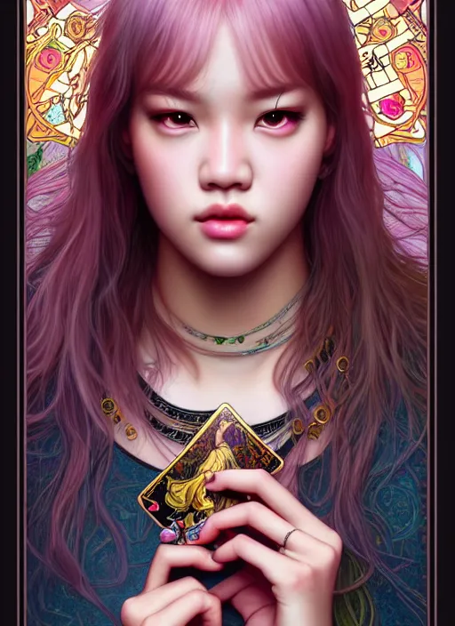 Image similar to jossi of blackpink, king, tarot card, highly detailed, digital painting, smooth, sharp focus, illustration, ultra realistic, unreal engine, 8 k, art by artgerm and alphonse mucha