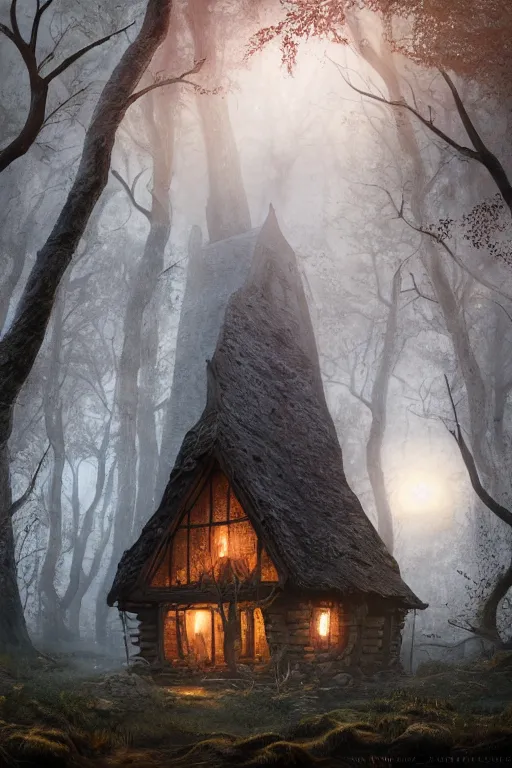 Image similar to the wooden house of a ancient witch in an ancient old forrest, eeire mood, Dynamic lighting, cinematic, establishing shot, extremely high detail, photo realistic, cinematic lighting, , post processed denoised, concept design, concept art, artstation, matte painting, midjourney, style by alex ross, raphael lacoste, eddie mendoza