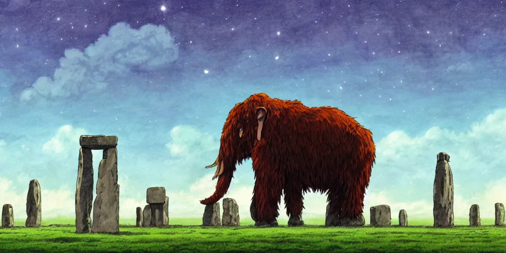 Image similar to a realistic cell - shaded studio ghibli concept art from paprika ( 2 0 0 6 ) of a giant wooly mammoth in a flooded stonehenge easter island on a misty starry night. very dull colors, wide shot, hd, 4 k, hq