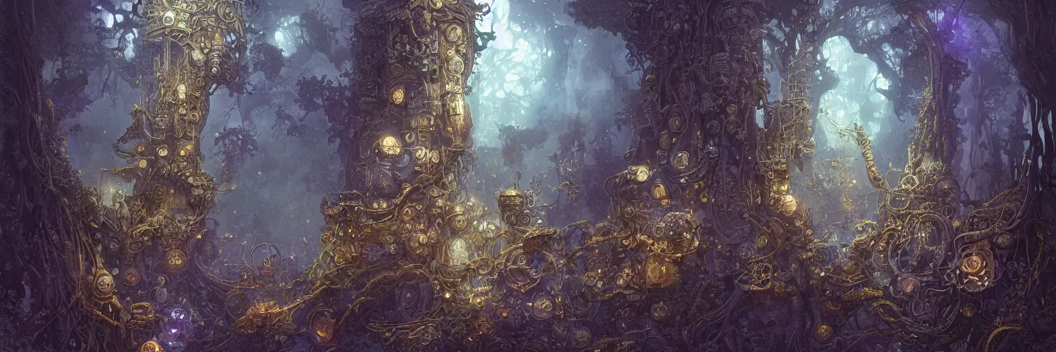 Prompt: Marc Simonetti, Mike Mignola, smooth liquid metal with detailed line work, Mandelbrot flowers and trees, Exquisite detail, blue silver purple details, hyper detailed, intricate pencil illustration, golden ratio, steampunk, smoke, neon lights, steampunk forest background, liquid polished metal, by peter mohrbacher