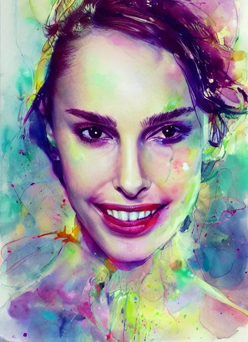 Prompt: sexy seducing smile nathalie portman by agnes cecile, extremely luminous bright design, pastel colours, ink drips, autumn lights