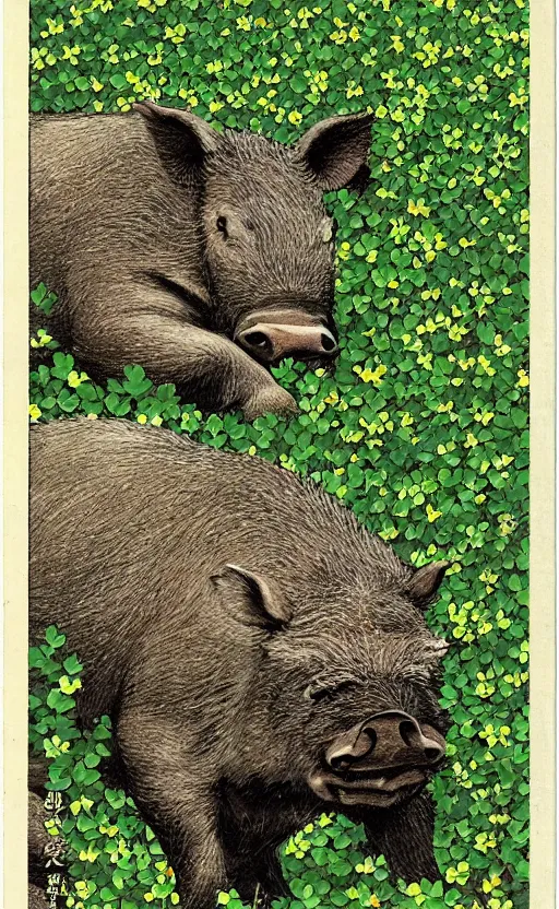 Image similar to by akio watanabe, manga art, a boar relaxing in a field of clovers, realistic animal anatomy, trading card front