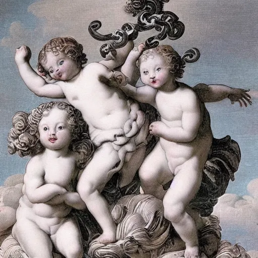 Image similar to cherubs with snakes for hair, extremely detailed, a baroque painting, rococo style