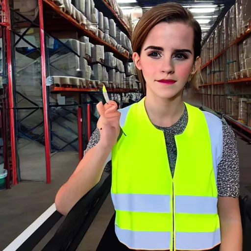 Image similar to photo, close up, emma watson in a hi vis vest, in warehouse, soft light, android cameraphone, snapchat story screenshot, 2 6 mm,