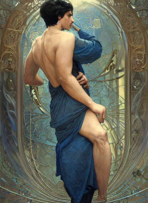 Image similar to handsome young man with short black hair, male, dressed in blue, looking down, half body shot, arms down, path traced, highly detailed, high quality, digital painting, bastien lecouffe - deharme, alphonse mucha, art nouveau, posuka demizu