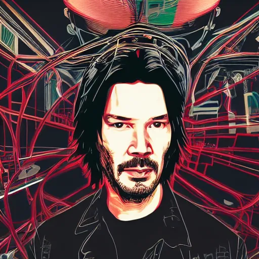 Image similar to Illustrated by Shepard Fairey and H.R. Geiger | Cyberpunk Keanu Reevse with VR helmet, surrounded by cables