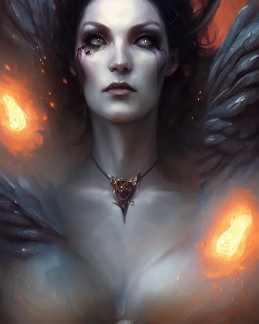 Image similar to bastien lecouffe deharme and wlop detailed portrait digital rococo painting of a beautiful serious villainess wearing fantasy clothing like liliana vess, villainess has black angel wings, evil mood, hellish battlefield in the background, unreal engine, embers flying, hyper realism, realistic shading, cinematic composition, blender render, octane render, ultrawide shot