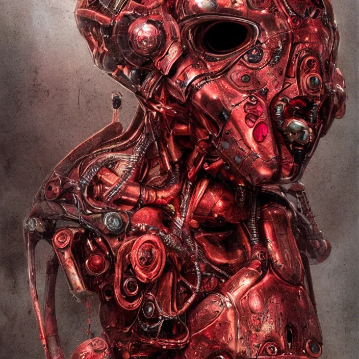 Image similar to h. r. giger esque portrait of an evil ruby ultron from age of ultron, clockwork steampunk, mangled, battle - damage, head and chest only, by beksinski, 4 k, deviantart, trending on artstation