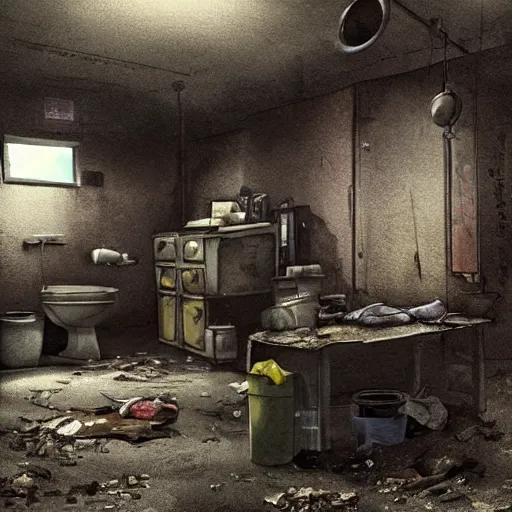 Prompt: a darkly lit janitors room with a toilet in the corner, cleaning supplies, grungy, dirty, highly detailed