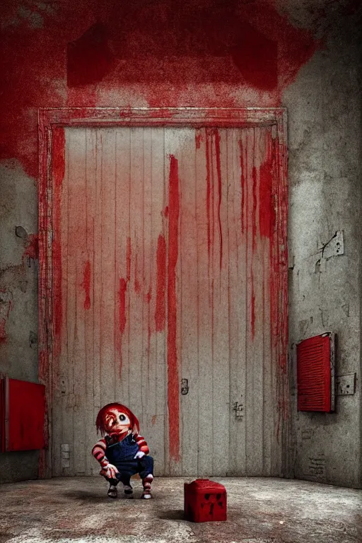 Prompt: room with 3 red windows, child with teeth all over his body except in the mouth, dystopian environment, by michal karcz in the style of chucky | freddy krueger style