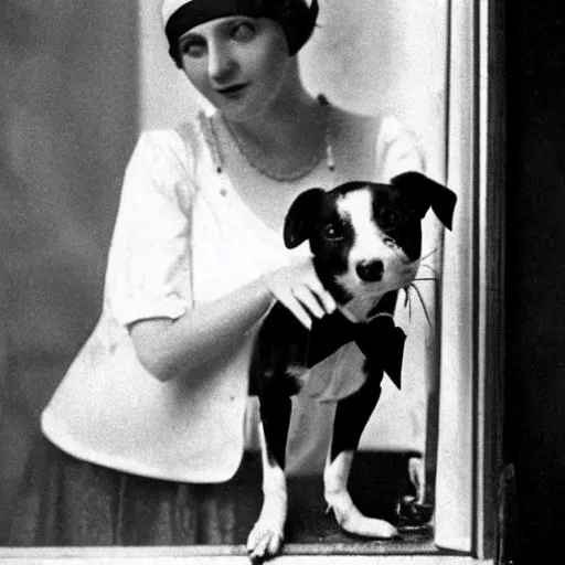 Image similar to a vintage snapshot from the 1 9 2 0 s shows a lady with her dog, a jack russell terrier, outside an open window. she wears a fancy white shirt with a big bowtie, along with a dark - colored skirt. she wore her wristwatch over the cuff of her blouse in the manner of gianni agnelli.