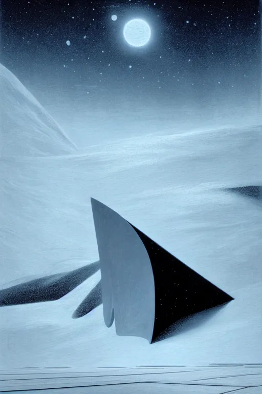 Image similar to emissary mountain space by arthur haas and bruce pennington and john schoenherr, cinematic matte painting, zaha hadid building, photo realism, snowfall, dark monochrome color palate, tiny woman silhouette for scale