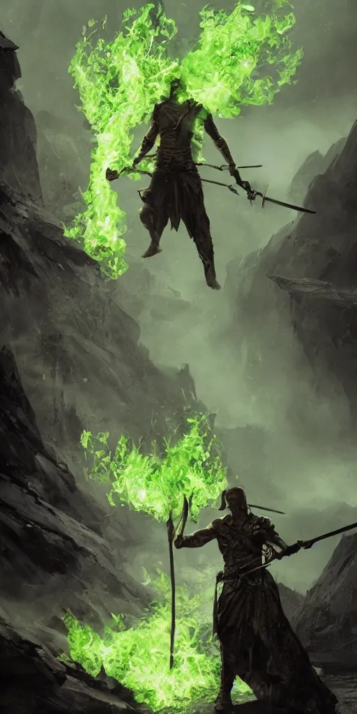 Image similar to a man with a missing an arm holding a spear made entirely of green fire wearing a leather cloak fighting a bad guy made of black smoke, dramatic lighting, cinematic, establishing shot, extremely high detail, photo realistic, cinematic lighting, post processed, concept art, artstation, matte painting, style by eddie mendoza, raphael lacoste, alex ross