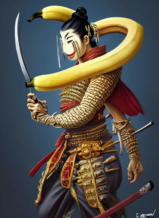 Image similar to a anthropomorphic banana wearing samurai armor, diffuse lighting, fantasy, intricate, elegant, highly detailed, lifelike, bananapunk, photorealistic, digital painting, artstation, illustration, concept art, smooth, sharp focus, art by frank frazetta and marco bucci and loish and rossdraws and artgerm and alphonse mucha