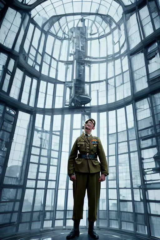 Image similar to kodak portra 5 0 mm f 4 full body portrait photography of a wwii airborne infantry soldier who's a mix of gillian anderson and adam driver, looking exhausted, setting is inside a sci fi megastructure tower looking out a window, photo by erwin olaf