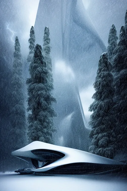Prompt: a futuristic scene in front of a zaha hadid building in the forrest of the french alps in the style of chris moore, stormy weather with lightning, cinematic matte painting, extreme detail 8 k photo quality, dark moody colors, snowfall, featured on behance