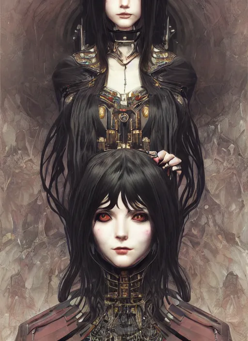 Image similar to portrait of beautiful young gothic maiden, cyberpunk, Warhammer, highly detailed, artstation, illustration, art by Gustav Klimt and Range Murata and Ilya Kuvshinov