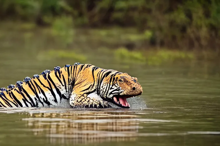 Image similar to an alligator tiger!!! hybrid! hyper realistic!! realistic lighting!! wildlife photographer of the year!!! bold natural colors, national geographic, hd, wide angle, 8 k