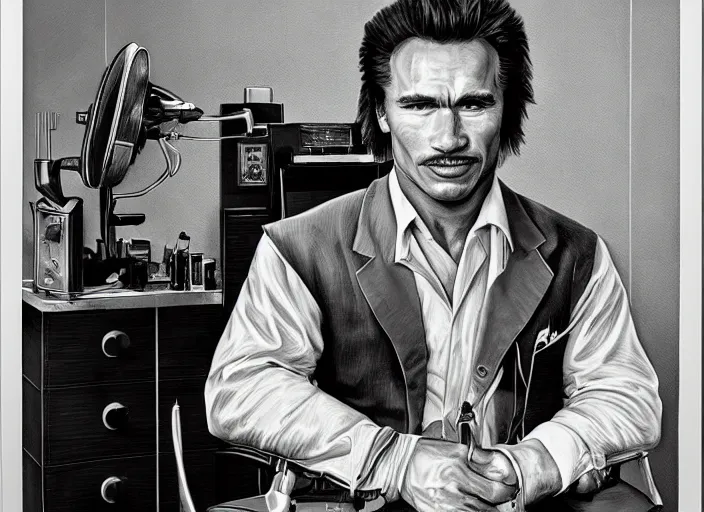 Image similar to a highly detailed arnorld schwarzenegger portrait of a dentist, james gurney, james jean