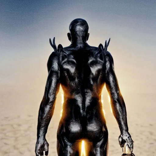 Prompt: a male humanoid giant with skin that looks like black and white porcelain, the giant is wearing a golden armor and his back has wings made of electricity, the giant has a thurible in his hand, cinematic detailed dune movie still