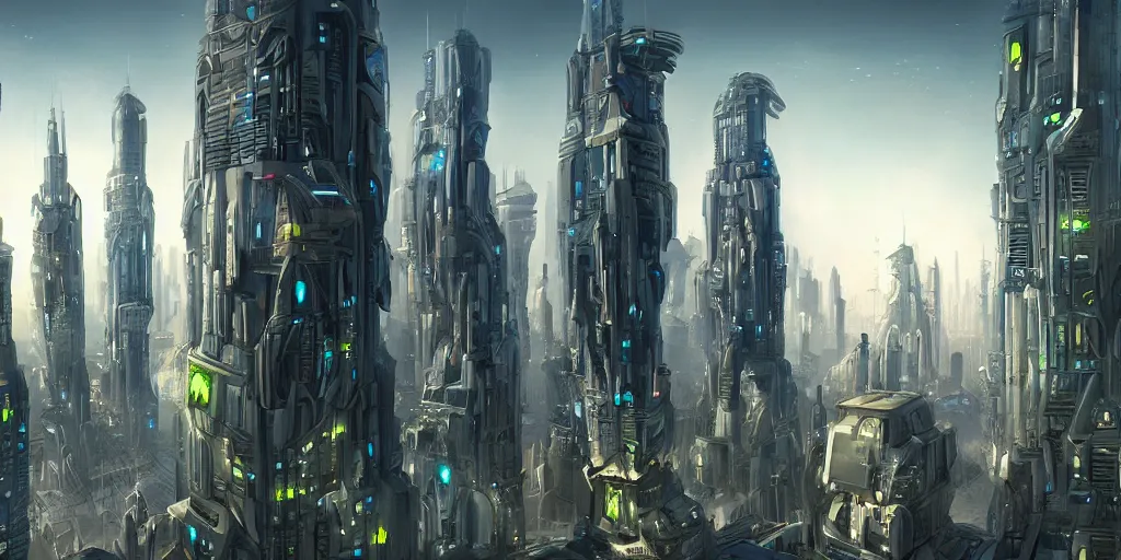 Prompt: sci - fi alien city with skyscrapers, futuristic, construction robots, digital art, artstation, detailed, realistic