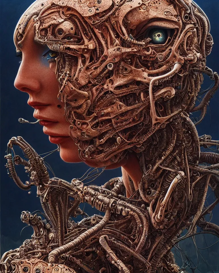 Image similar to ultra realist intricate detailed portrait of an attractive female turning into a cyborg in an alien landscape, insanity, accurate features, apocalyptic, very intricate details, 8 k resolution, dim lighting, volumetric lighting, artstyle, zdzisław beksinski and keith thompson, award winning