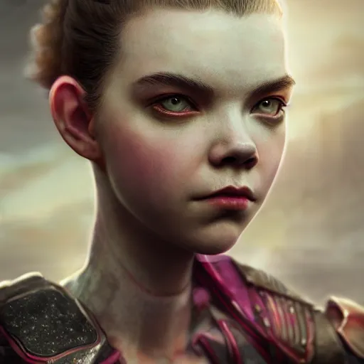 Image similar to anya taylor - joy portrait, dystopia core, apocalyptic, armor, warrior, dramatic, sharp focus, fiction, neon, fantasy, hyper detailed, digital art, trending in artstation, cinematic lighting, studio quality, smooth render, unreal engine 5 rendered, octane rendered, art style and nixeu and wlop and krenz cushart