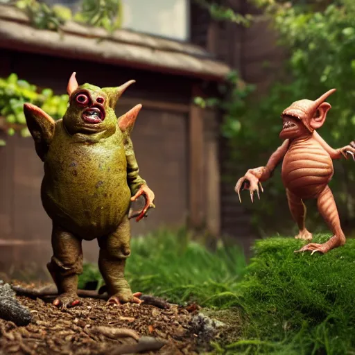 Image similar to autochrome photo of vintage disgusting brown Boglins, plastic goblin monster toys in a backyard garden, kaiju, oni, realistic, octane render