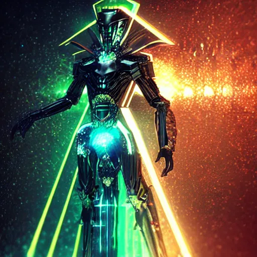 Image similar to “Powerful dark sleek humanoid being wearing iridescent shimmering cosmic armor of Sauron made of circuit boards (Epic scene, rich atmosphere, octane render, full body portrait)”