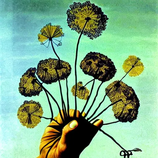 Image similar to a hand with dandelions growing out of it, by salvador dali