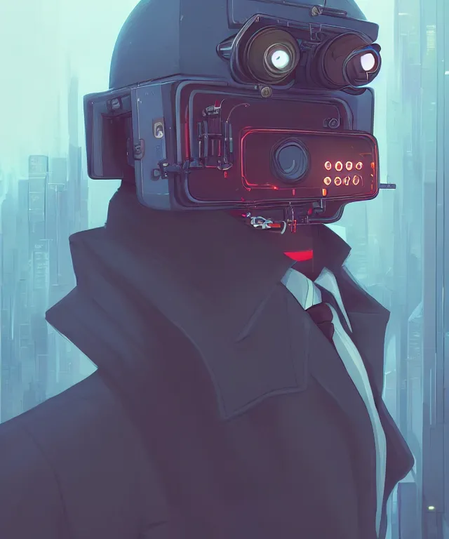 Image similar to a portrait of an anthropomorphic surveillance camera wearing a suit, cyberpunk!, fantasy, elegant, digital painting, artstation, concept art, matte, sharp focus, illustration, art by josan gonzalez