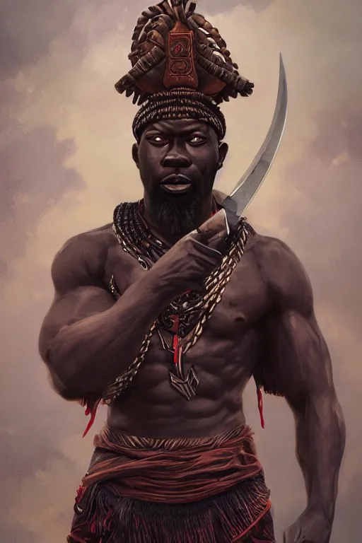 Image similar to ogun and his knives, African warrior deity, ancestral hunter God, masculine and menacing, cinematic mid portrait , digital illustration, octane render trending on arstation by artgerm, raphaelite and mucha