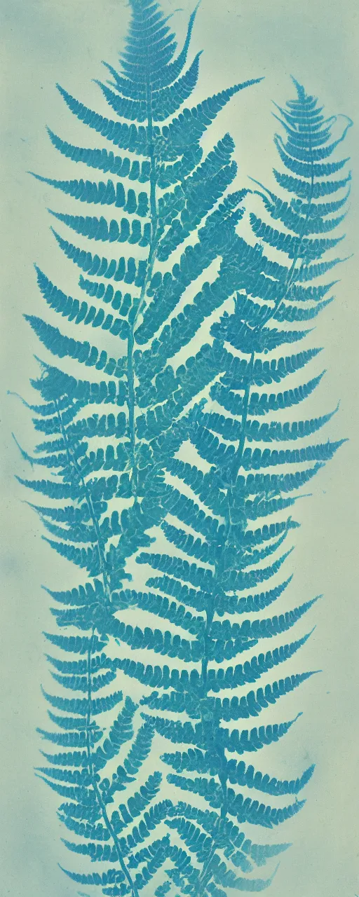 Prompt: a beautiful fern Cyanotype by Anna Atkins, seaweed, Algae, white on a blue background, Photography, botanical