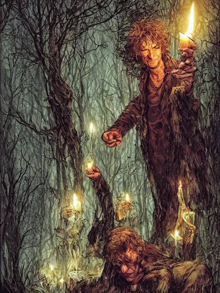 Image similar to neil gaiman sandman surrounded by candles in a deserted forest by lee bermejo and greg rutkowski in vivid color scheme