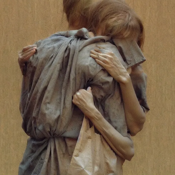 Image similar to two women hugging with a paper bag over the head, dressed in plastic bags, highly detailed, artstation, art by (((zdislav beksinski))), wayne barlowe, edward hopper