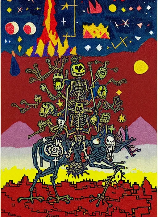 Prompt: pixel art decollage painting tarot devil card composition tower of babel road red armor maggot bear and wonky alien frog skeleton knight on a horse in a dark red cloudy night sky with golden foil stars, occult symbols and diamonds, mountain lake and blossoming field in background, painted by mark rothko, helen frankenthaler, danny fox and hilma af klint, pixelated