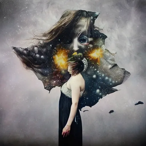 Image similar to phantom grip, the edge of the universe (on film), by Brooke Shaden and Sandra Chevrier