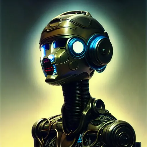 Image similar to low angle shot of a cyberpunk gazmask robot character, intricate, elegant, highly detailed, centered, digital painting, artstation, concept art, front shot, smooth, sharp focus, illustration, artgerm, Tomasz Alen Kopera, Peter Mohrbacher, donato giancola, Joseph Christian Leyendecker, WLOP, Boris Vallejo