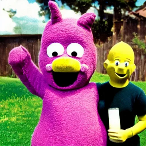 Prompt: a Bruised and sad Teletubby with a bloody nose, standing next to a laughing Teletubby holding a beer