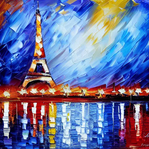 Image similar to palette knife oil painting of paris in outer space