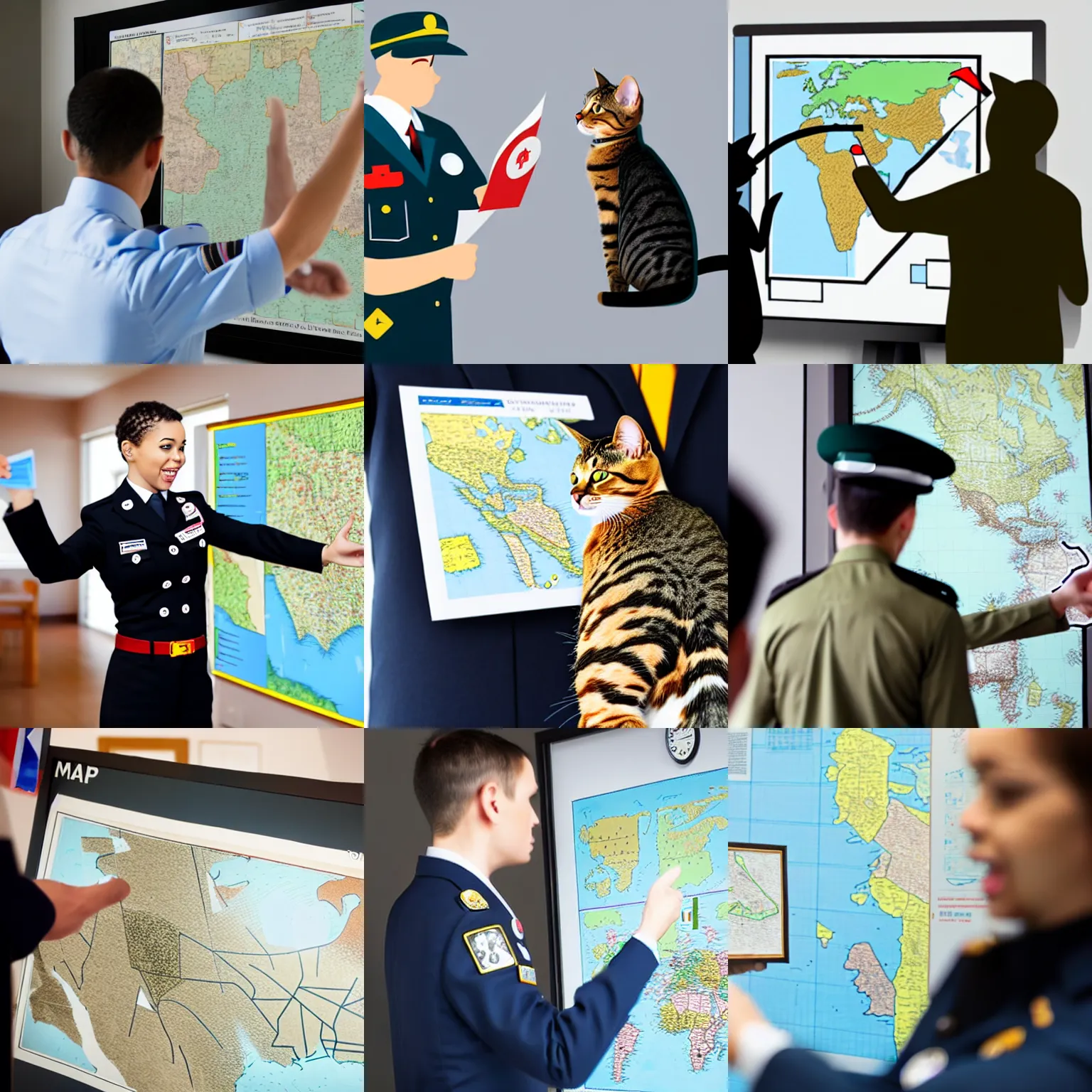 Prompt: a cat in uniform pointing at map giving a briefing