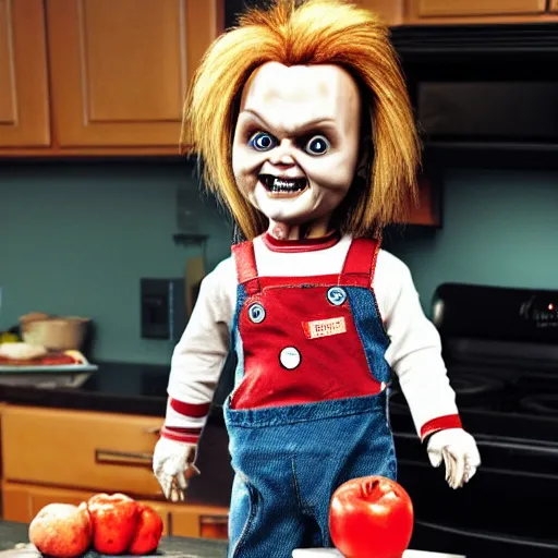 Image similar to chucky the killer doll standing on the kitchen table