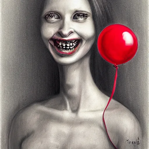 Prompt: surrealism grunge cartoon portrait sketch of a spider with a wide smile and a red balloon by - michael karcz, loony toons style, mona lisa style, horror theme, detailed, elegant, intricate