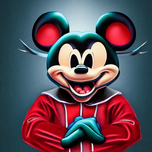 Image similar to evil sharp toothed Mickey parody by Disney, rat character evil, sharp ears, sharp features, evil eyes, menacing character, scary, horror, villain, Chuck E. Cheese, resident evil, Netflix, stranger things, detailed fur, grungy behance, HD render, cinematic Trending on artstation.